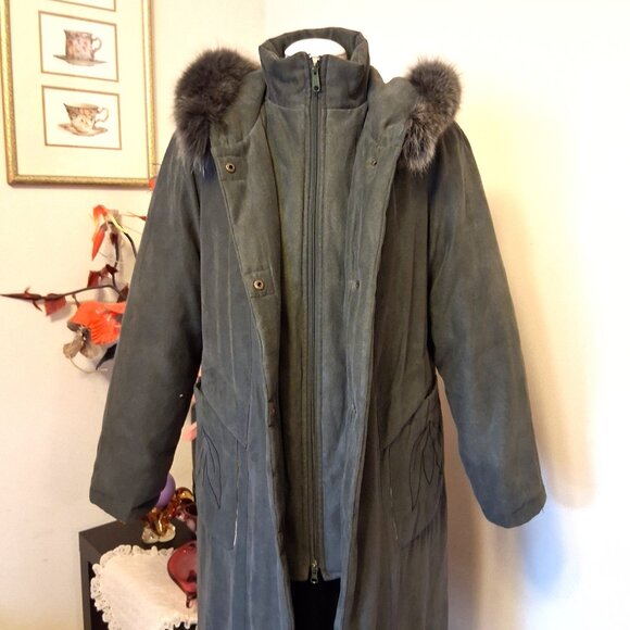 Preowned Utex Design Olive Green Warm Long Coat with Hood Windproof Outerwear - Picture 4 of 16